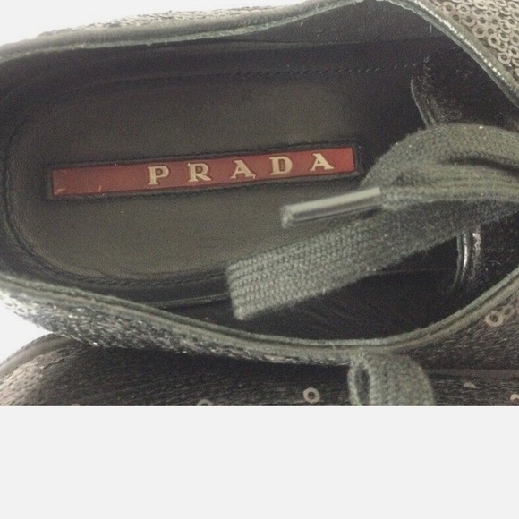 PRADA Black Sequin & Leather Metallic Cap Toe Fashion Sneakers Size 37 - Picture 2 of 6